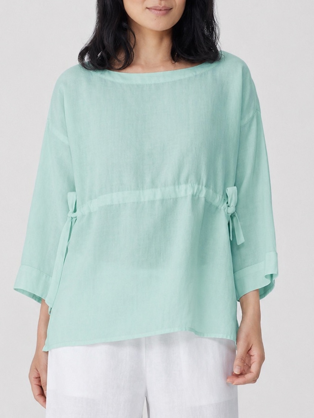 Eileen Fisher Capri Handkerchief Linen Top Large Blue Green Minimalist Lagenlook